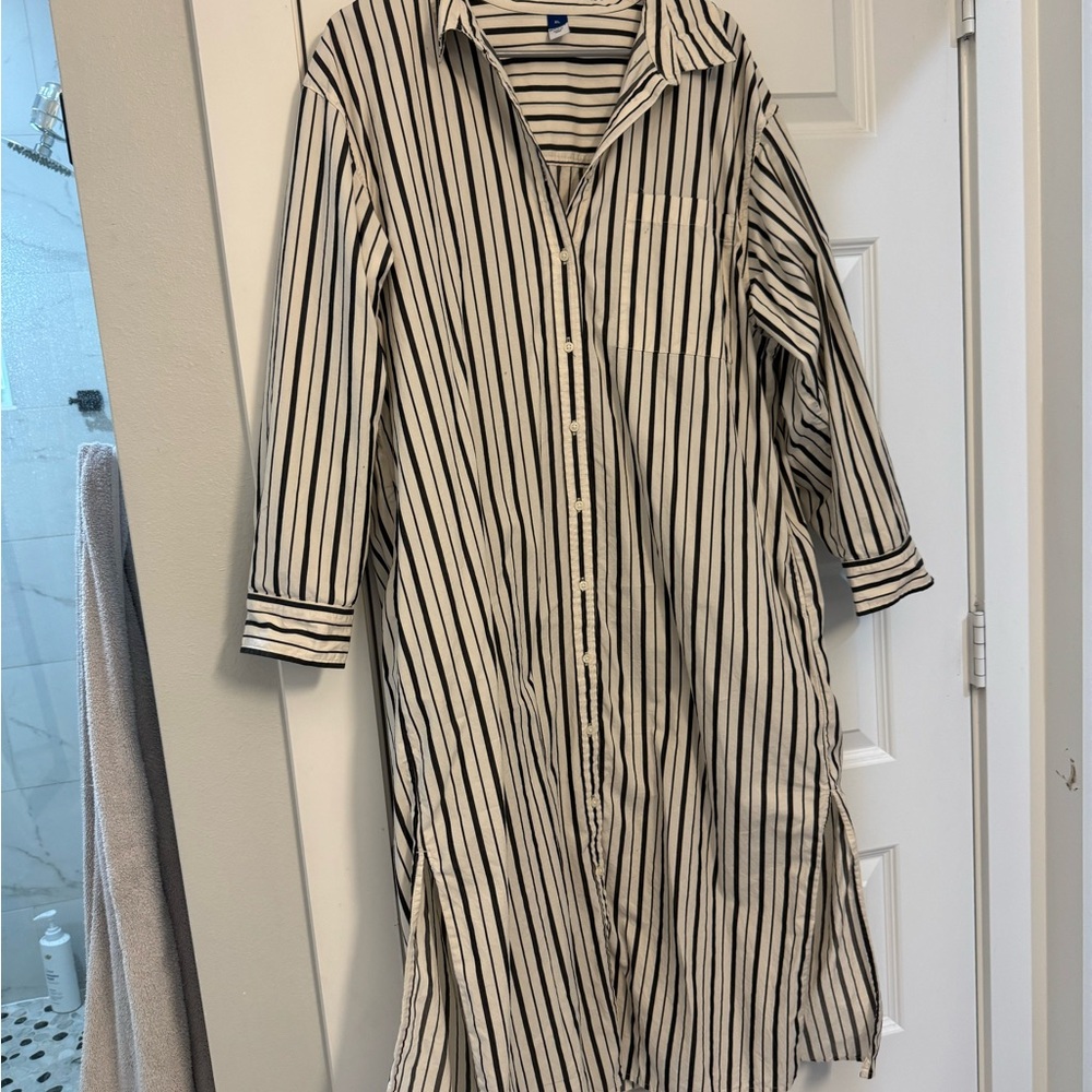 Striped Button-Up Long Shirt Dress